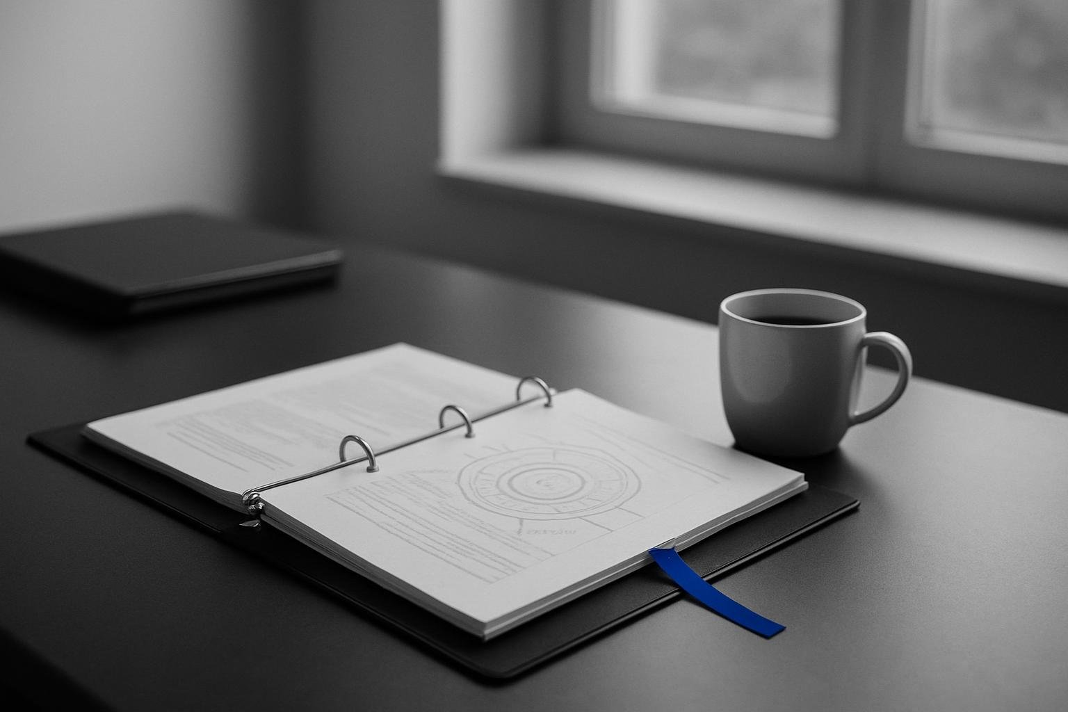 A desk with a printed handover binder