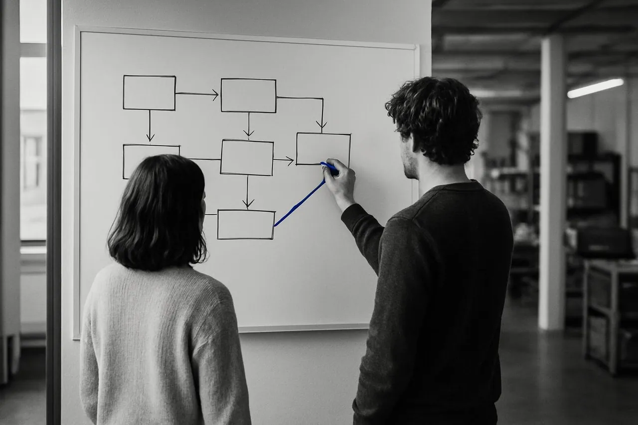 A process being mapped on a whiteboard