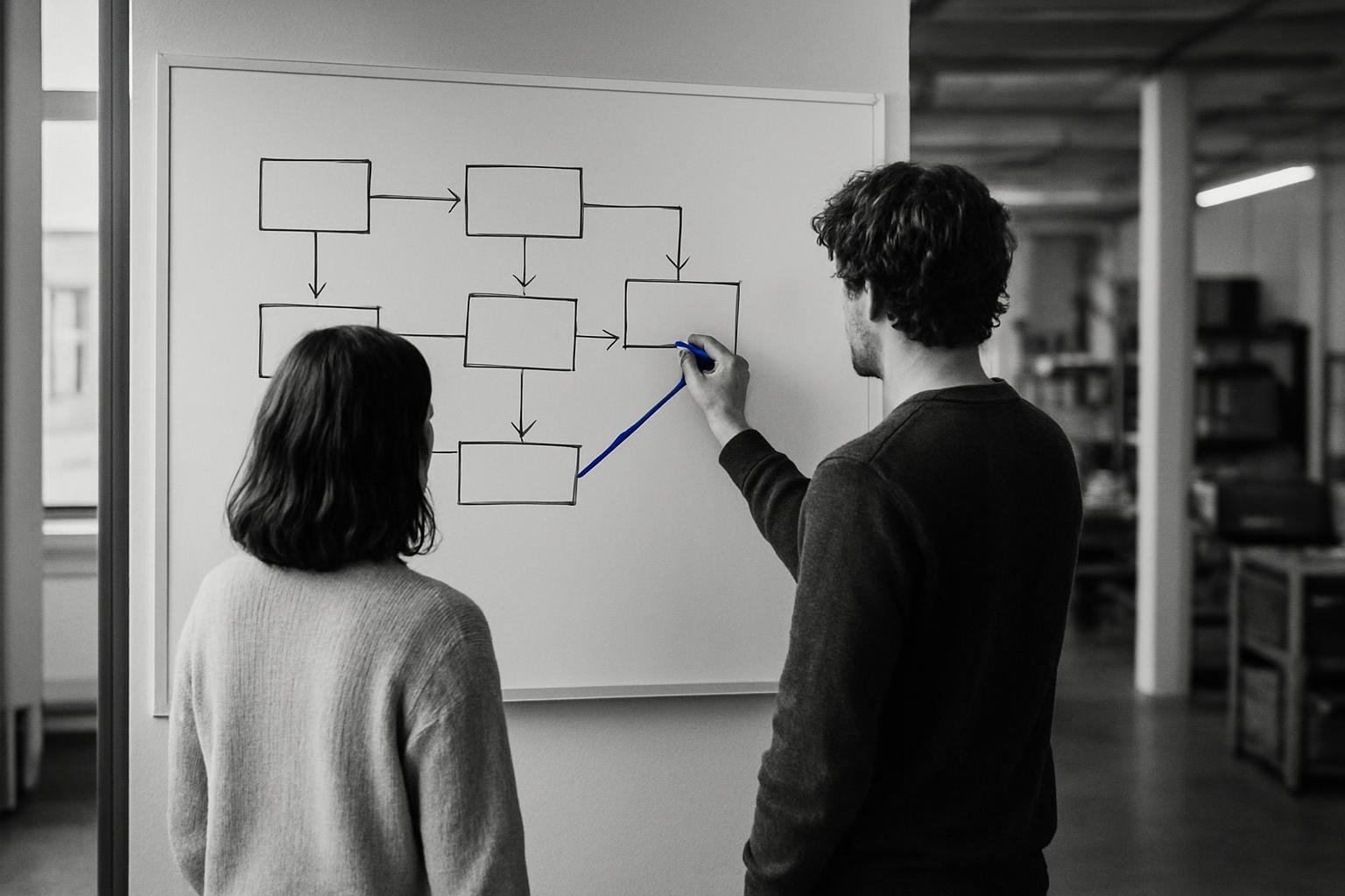 A process being mapped on a whiteboard