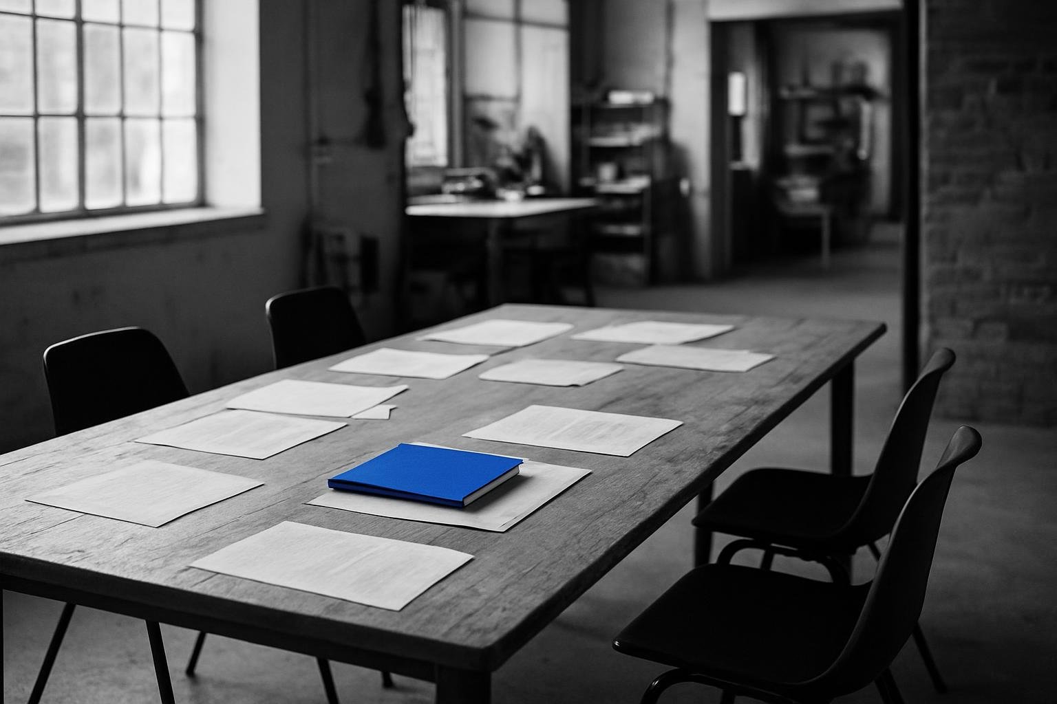 A workshop table after a process-mapping session