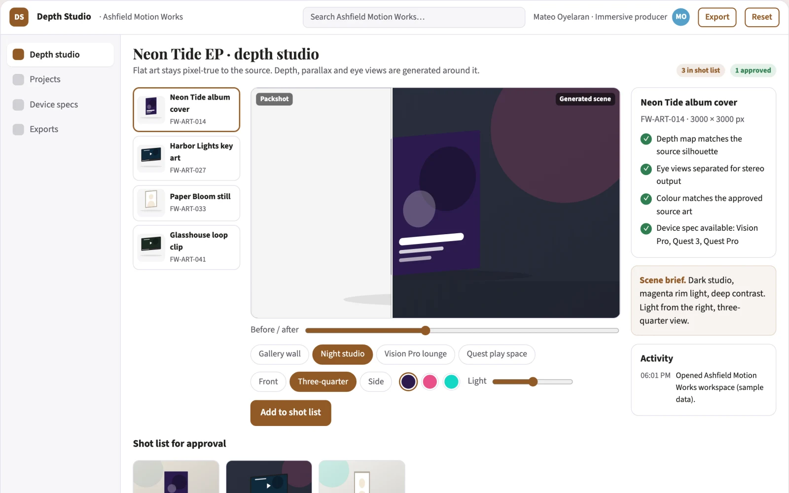 Screenshot of the 2D to 3D immersive conversion studio interactive demo