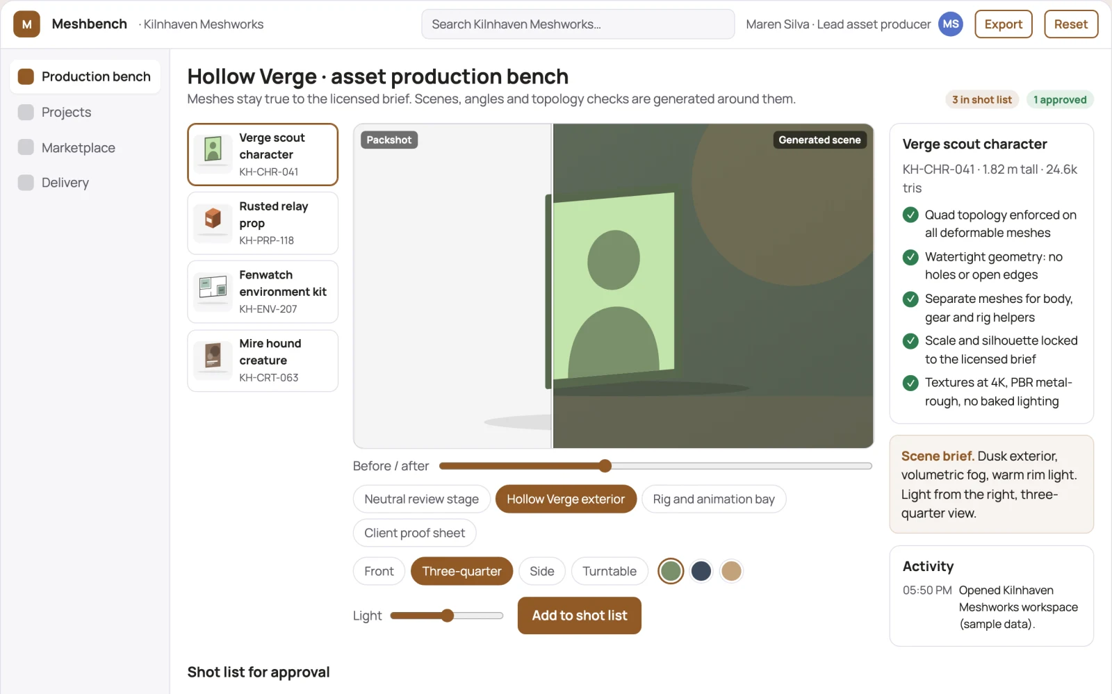 Screenshot of the 3D game asset production workbench interactive demo