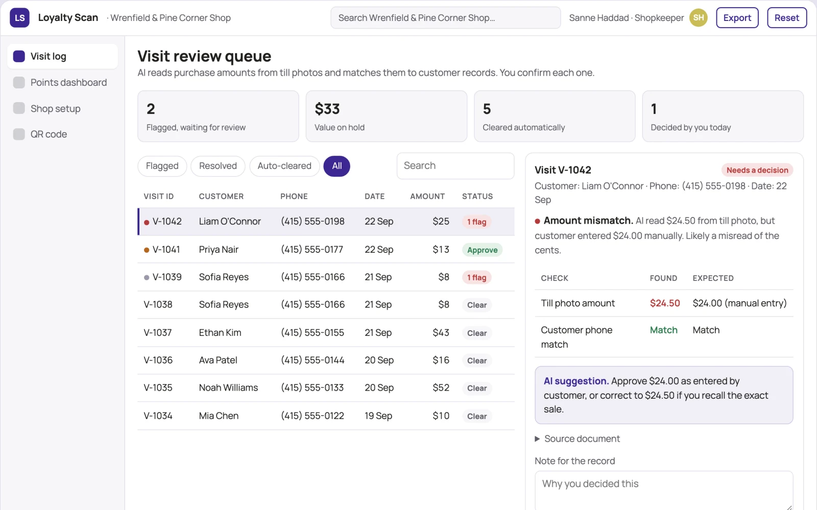 Demo screen of Loyalty Scan Assistant
