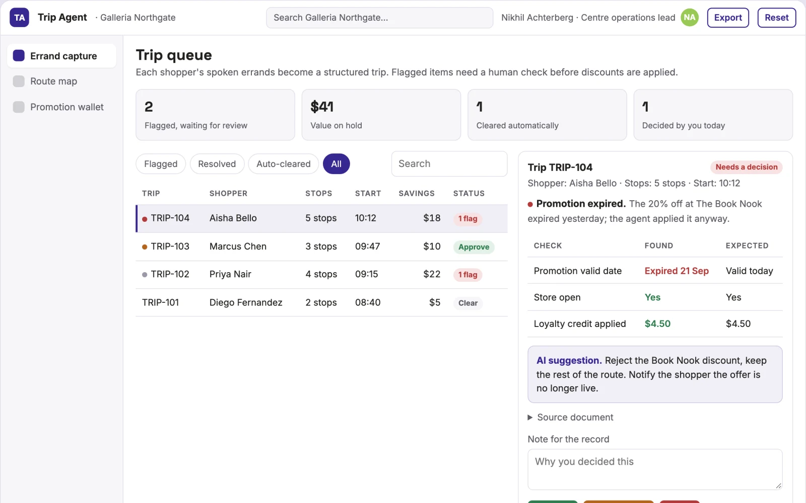 Demo screen of Mall Trip Companion Agent