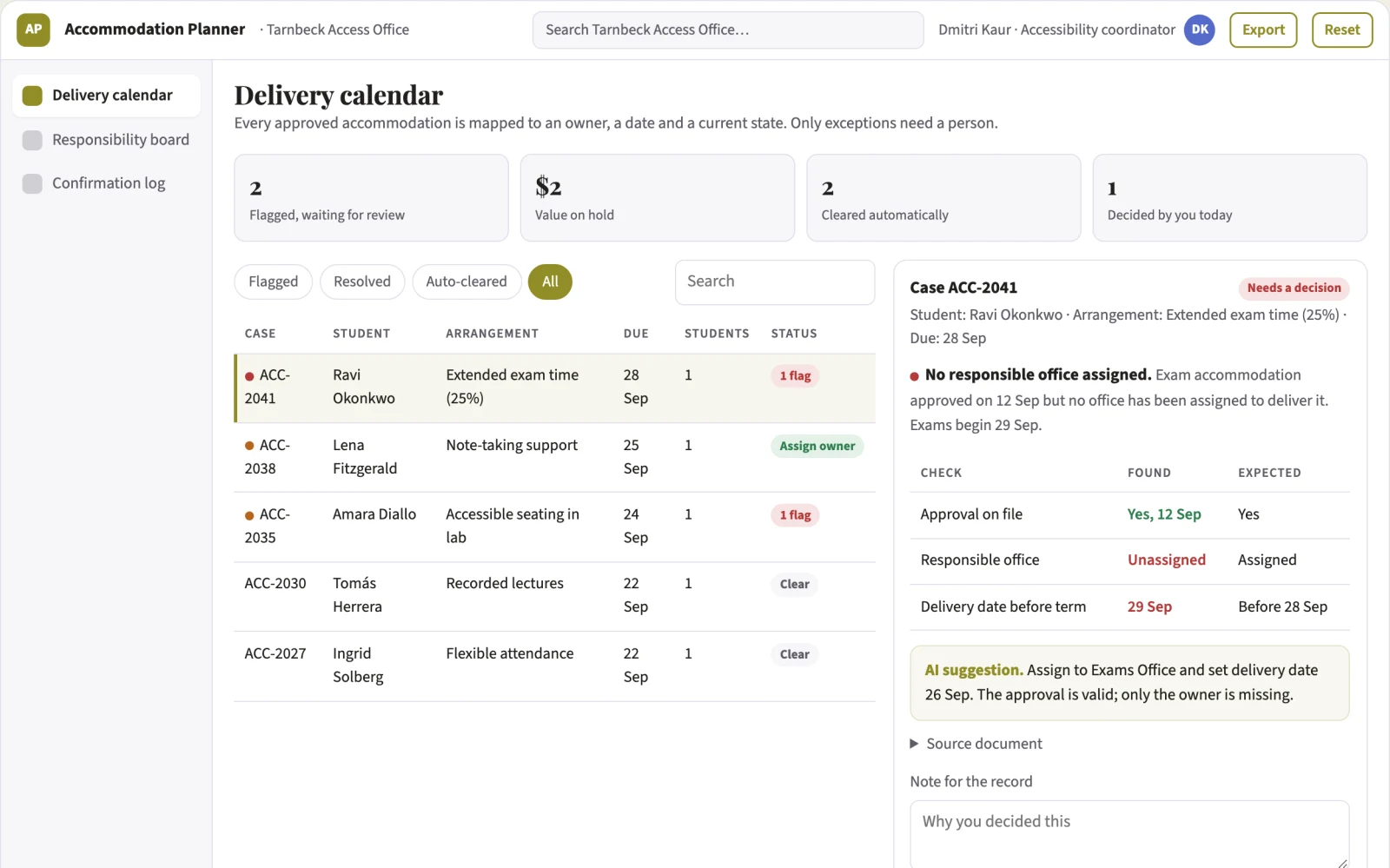 Screenshot of the Academic accommodation logistics planner interactive demo