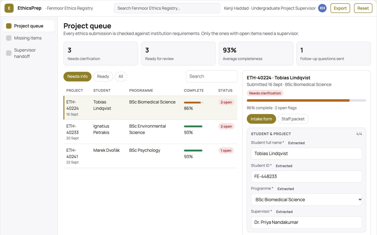 Screenshot of the Academic project ethics preparation interactive demo