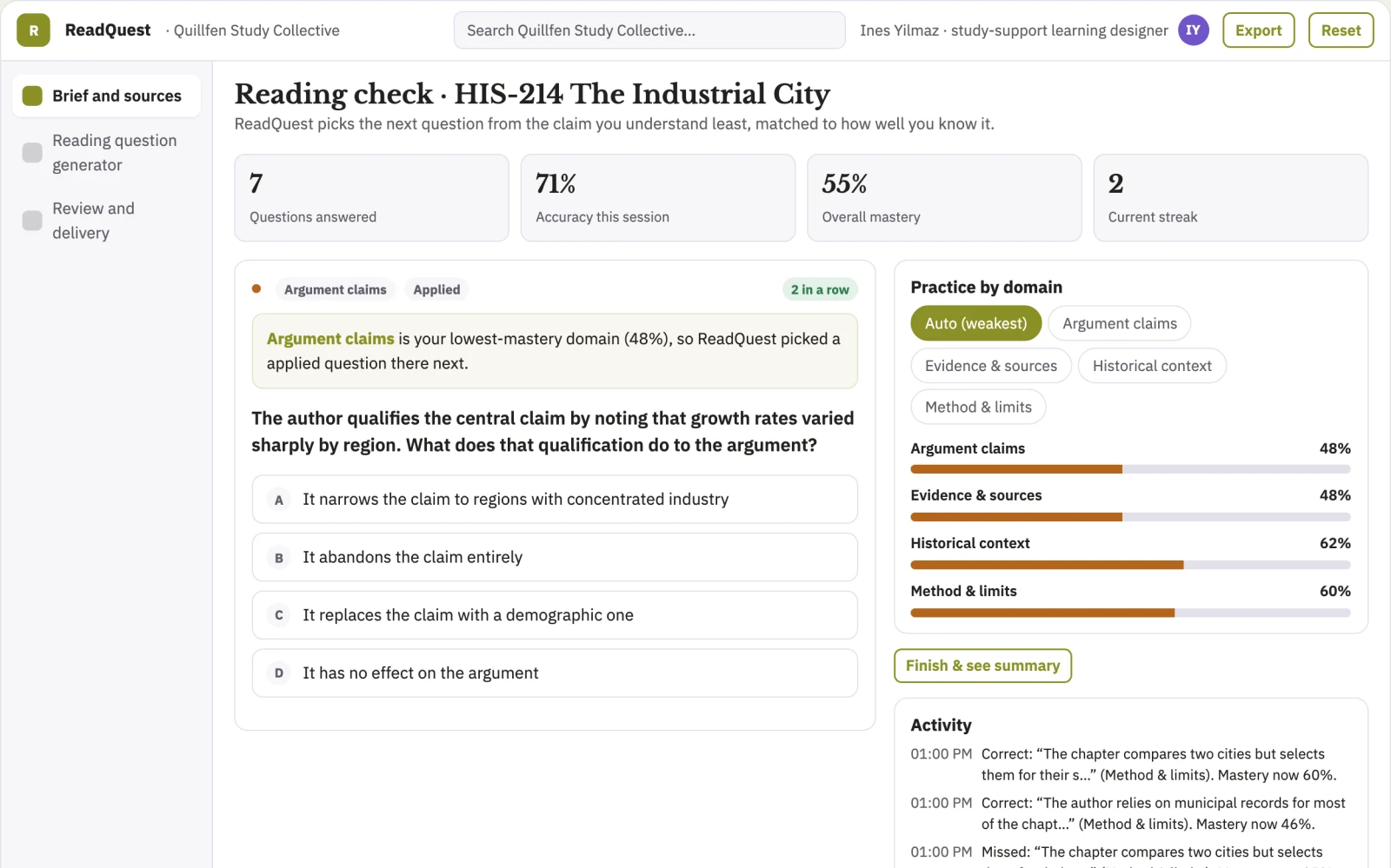 Screenshot of the Academic reading question generator interactive demo
