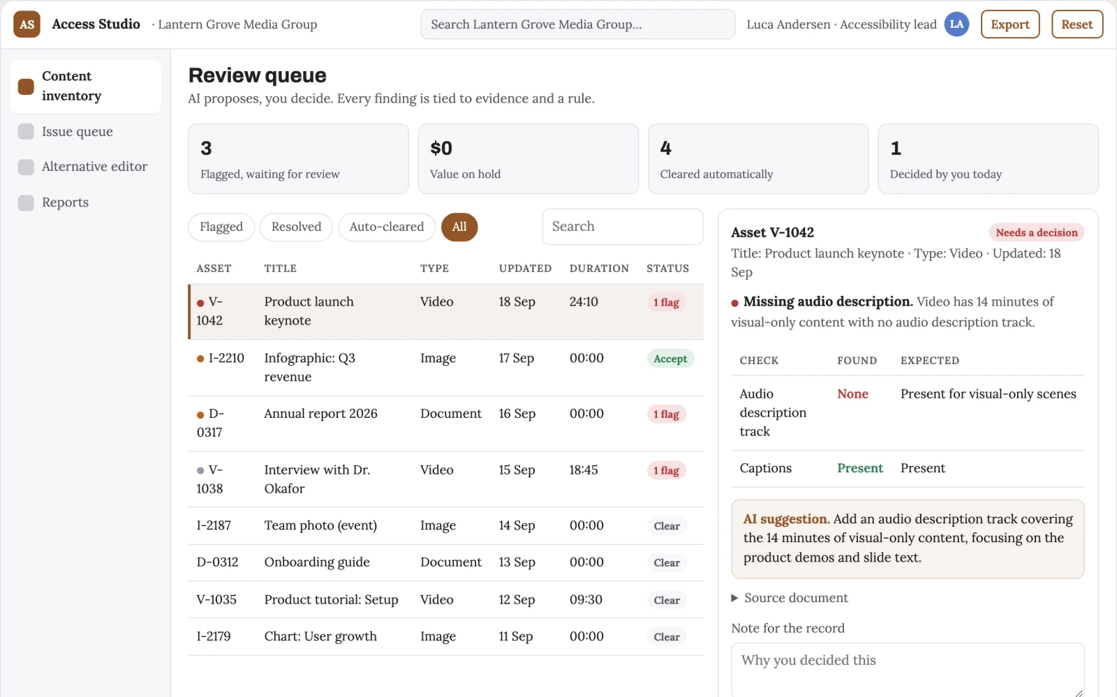 Screenshot of the Accessibility adaptation studio interactive demo