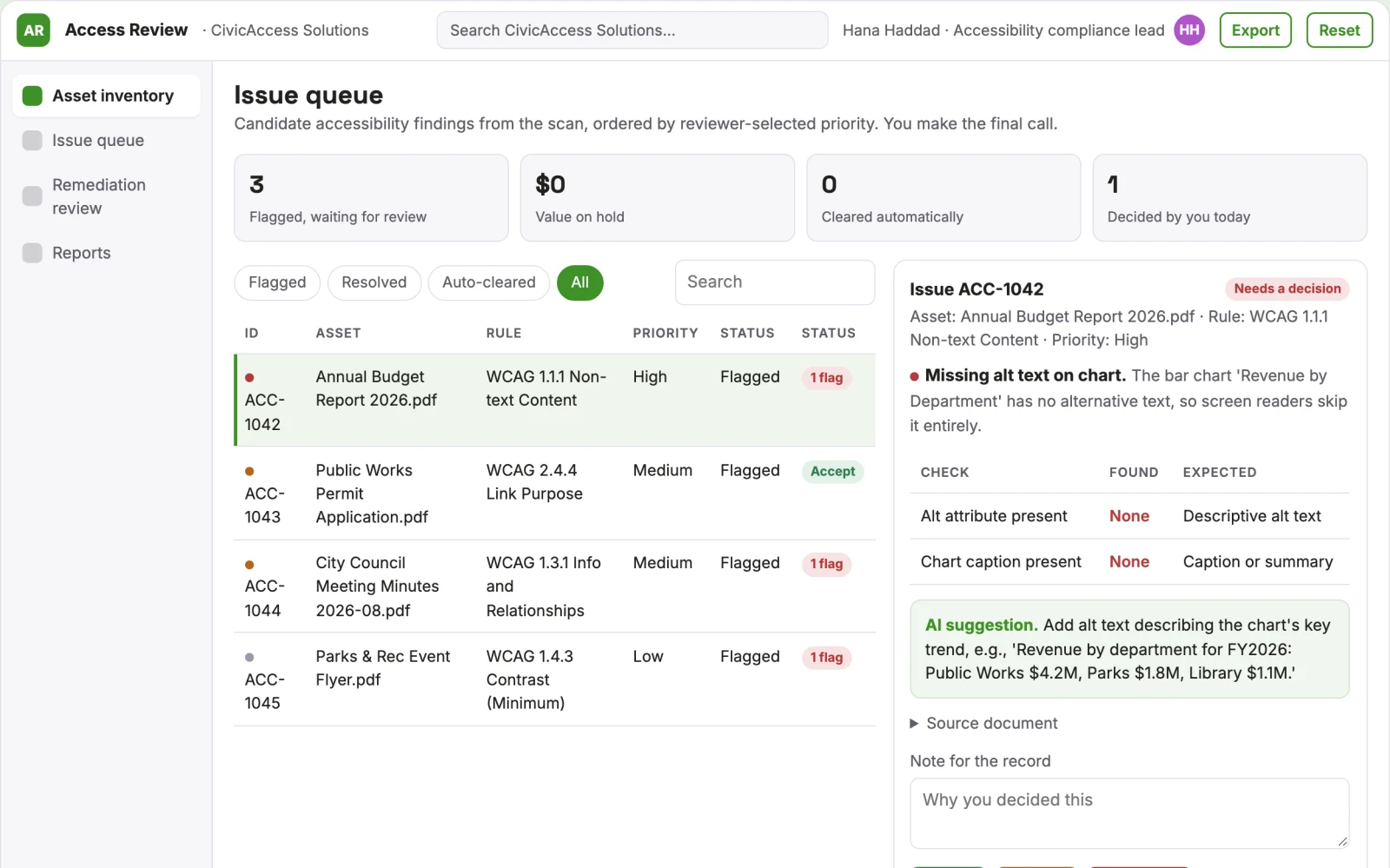 Demo screen of Accessibility remediation service