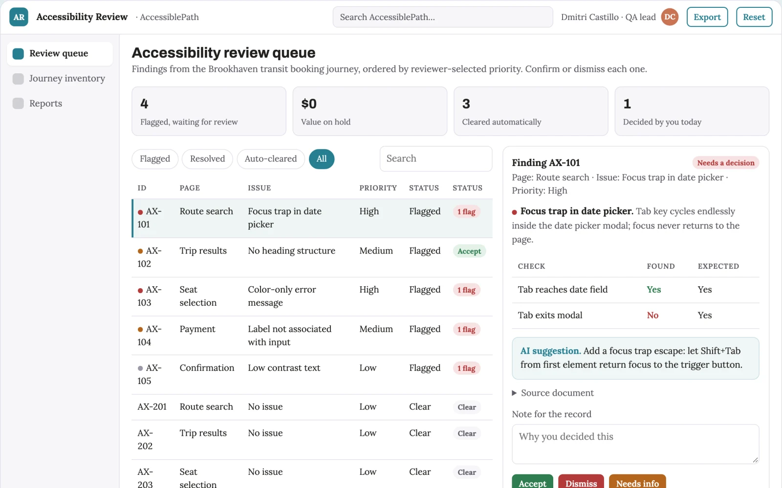 Screenshot of the Accessibility testing service interactive demo