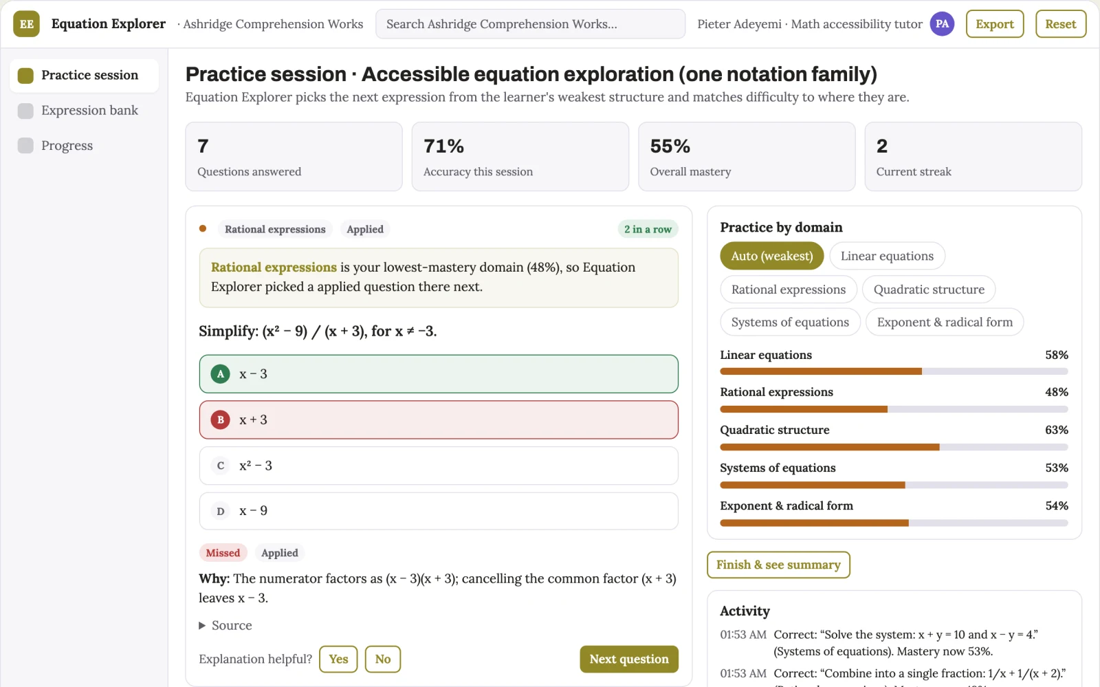 Screenshot of the Accessible equation exploration tutor interactive demo