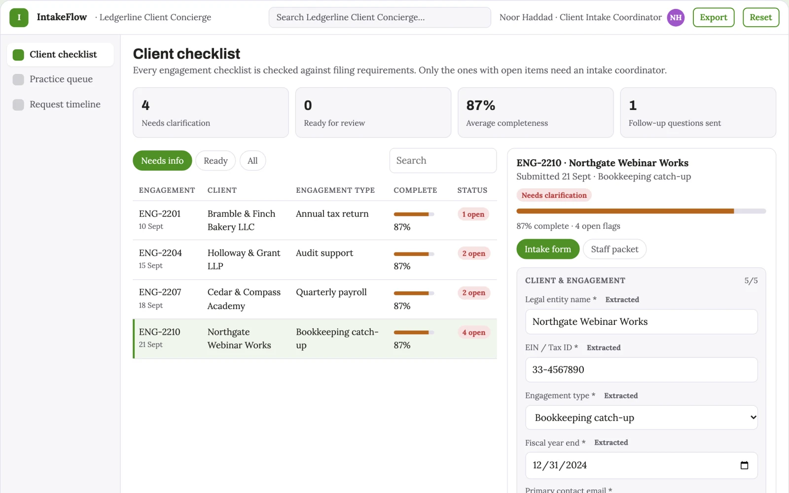 Demo screen of Accountant client intake portal