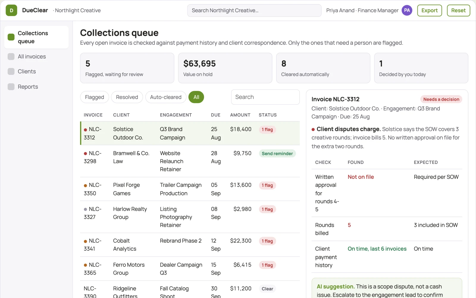 Demo screen of Accounts receivable assistant
