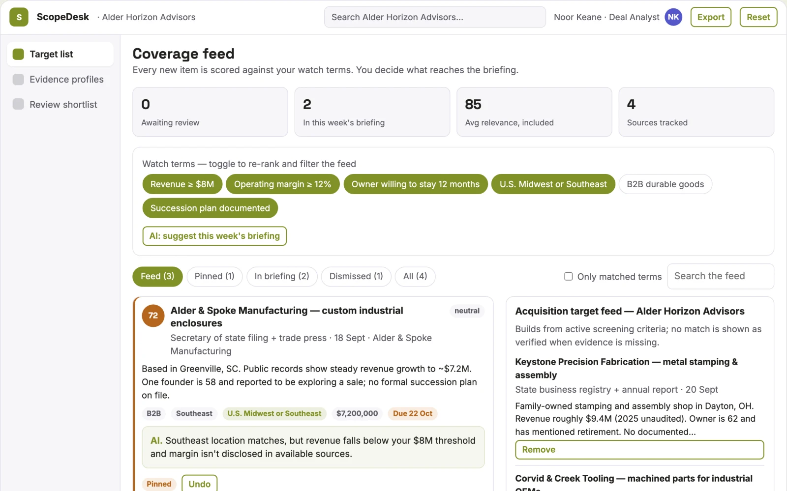 Screenshot of the Acquisition screening service interactive demo