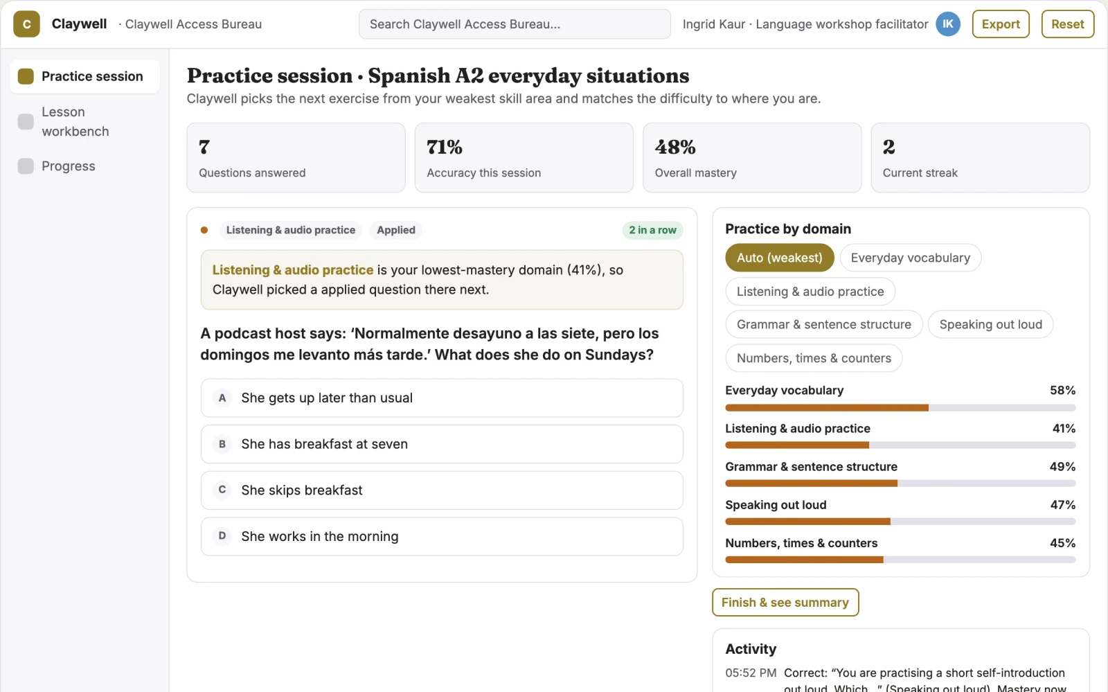 Screenshot of the Adaptive language practice and lesson workbench interactive demo