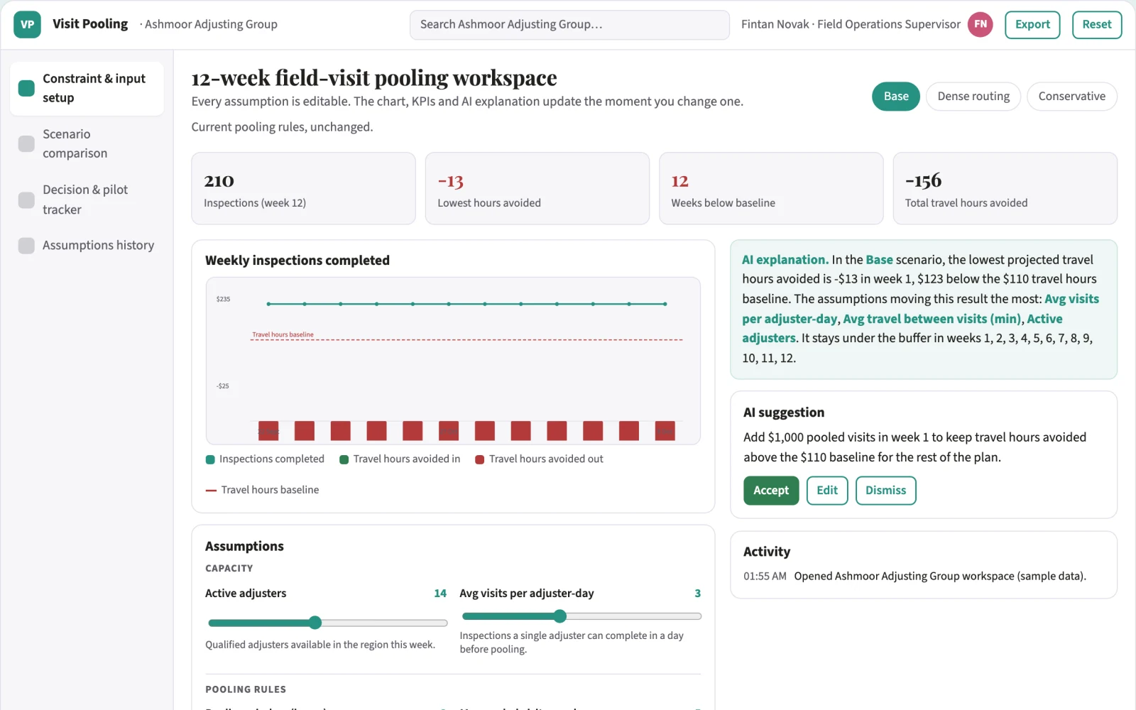 Screenshot of the Adjuster field-visit pooling planner interactive demo