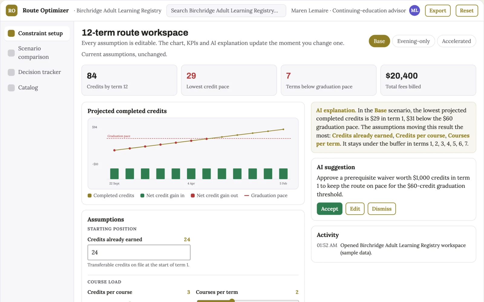 Screenshot of the Adult learner course-route optimizer interactive demo