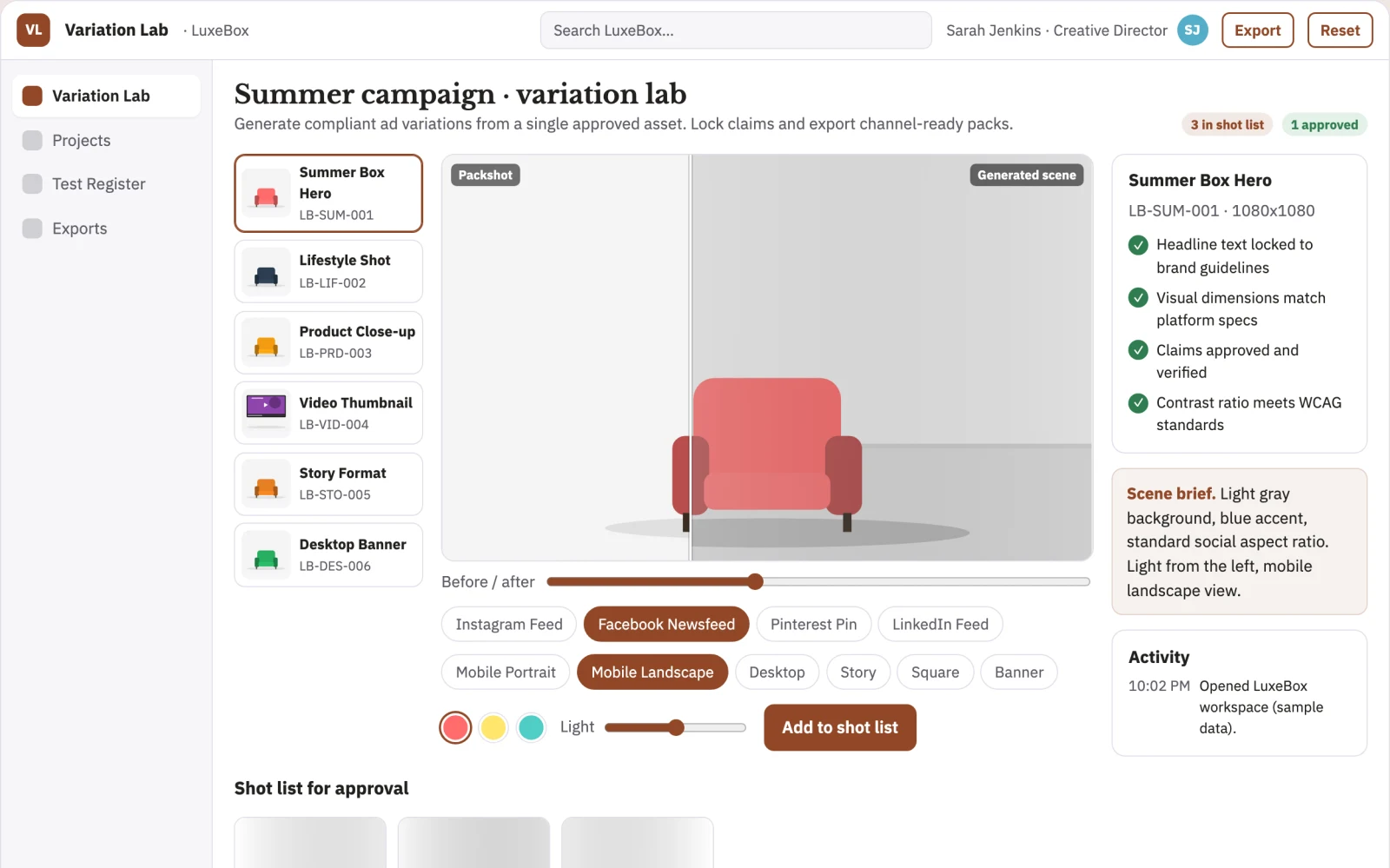 Screenshot of the Advertising variation service interactive demo