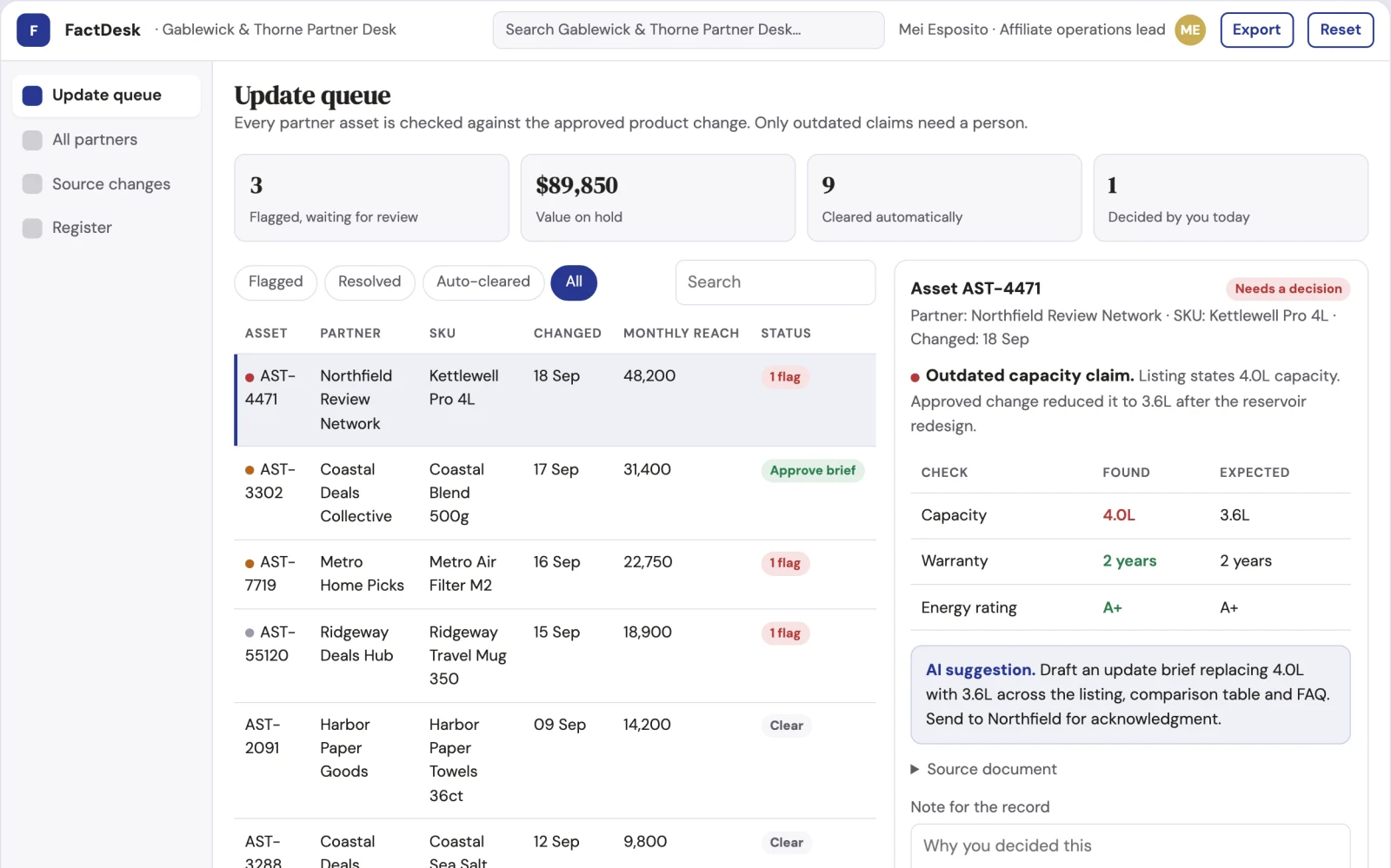 Screenshot of the Affiliate product fact update desk interactive demo
