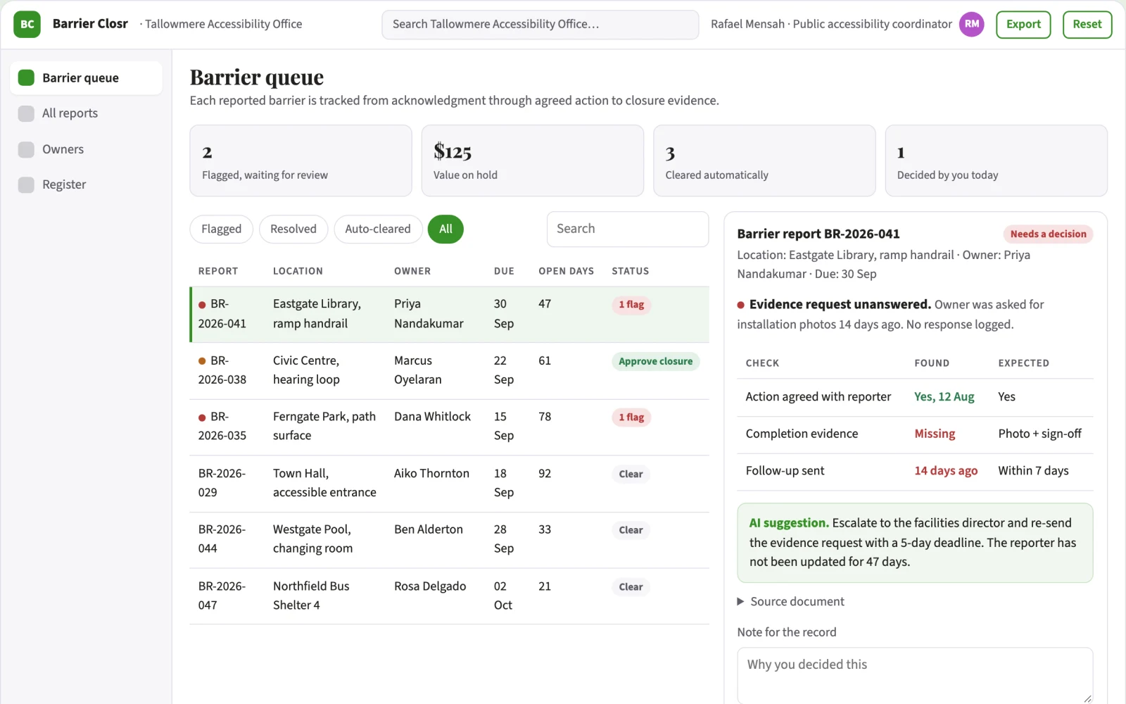 Screenshot of the Agency accessibility feedback closure interactive demo