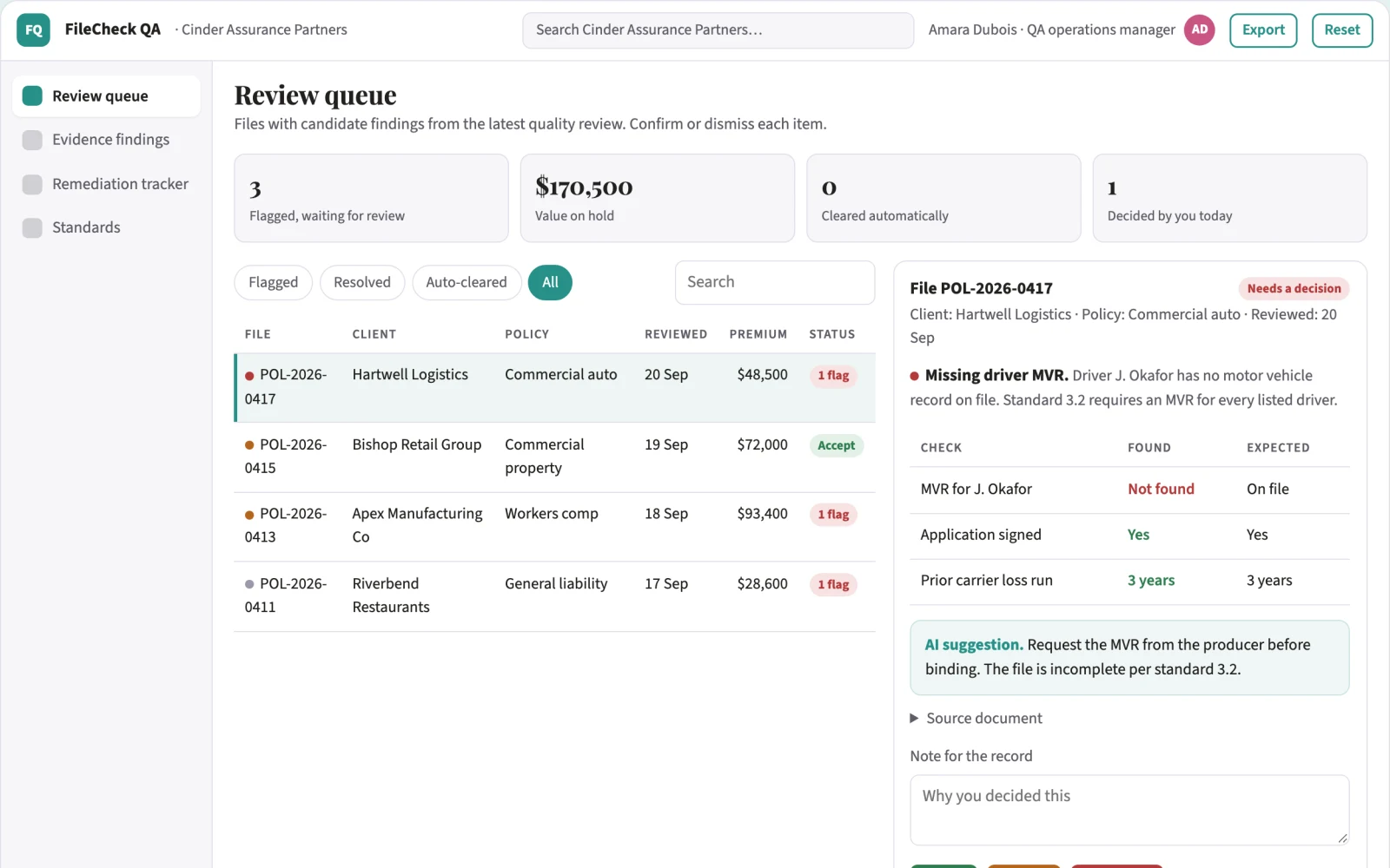 Screenshot of the Agency quality assurance service interactive demo
