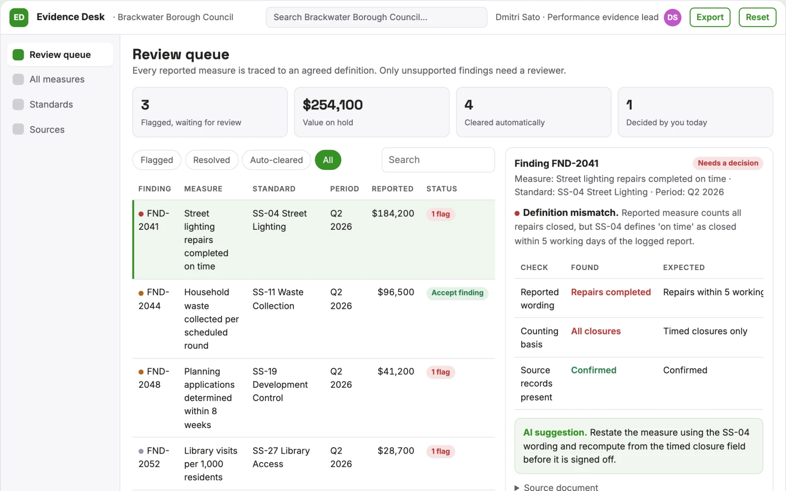 Screenshot of the Agency service standard evidence desk interactive demo