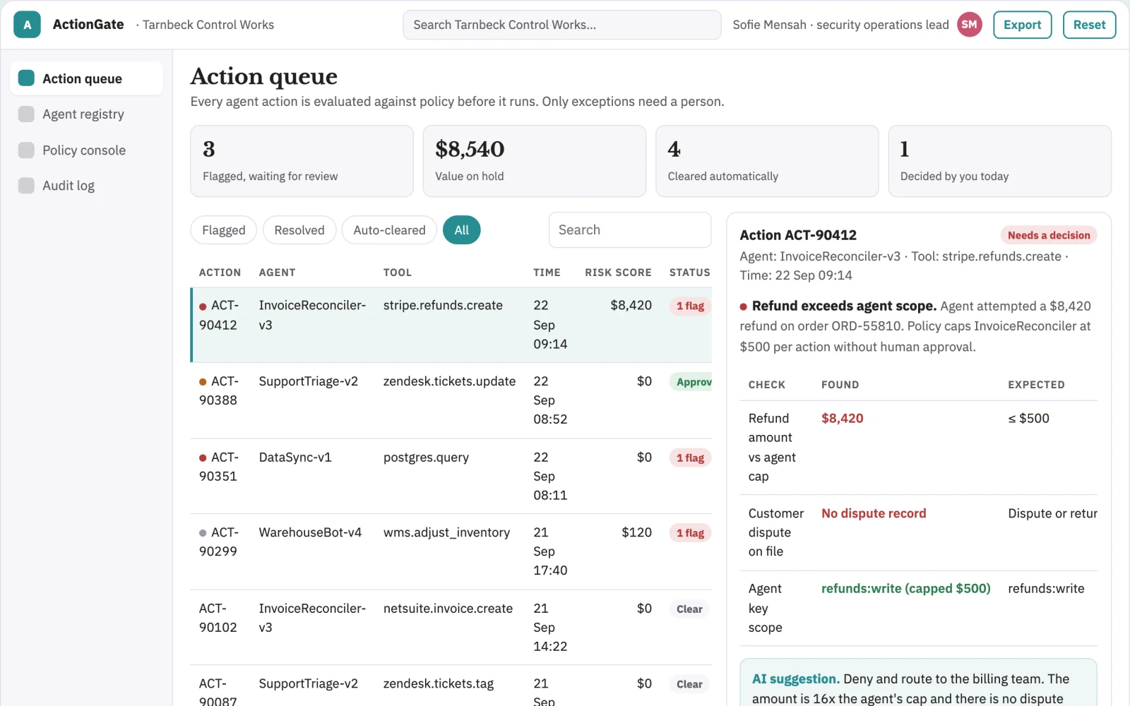 Screenshot of the Agent action control and audit portal interactive demo