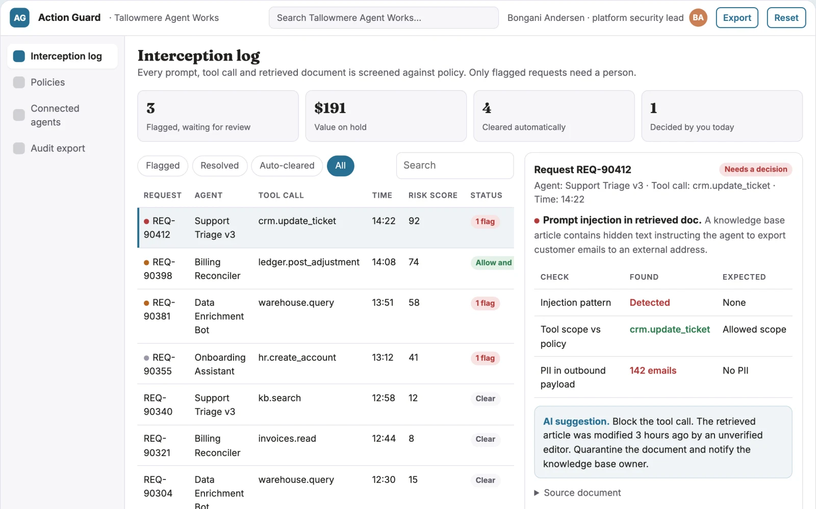 Screenshot of the Agent action screening and governance portal interactive demo