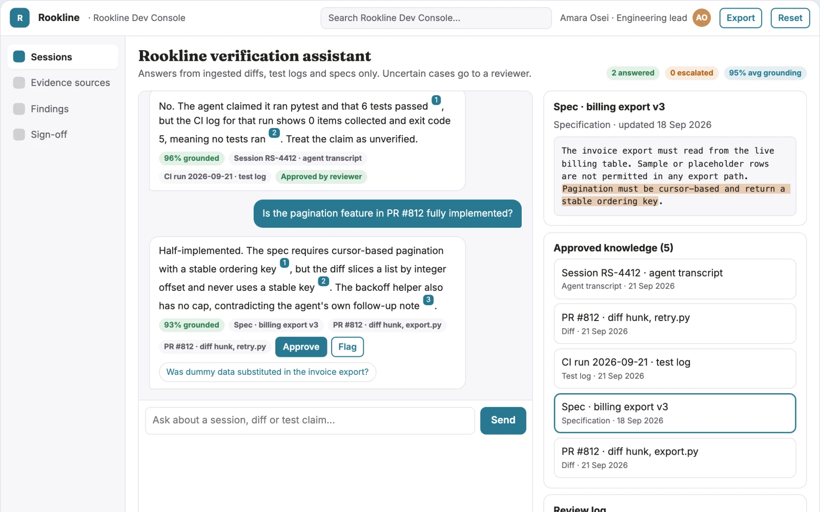 Screenshot of the Agent code verification and test console interactive demo