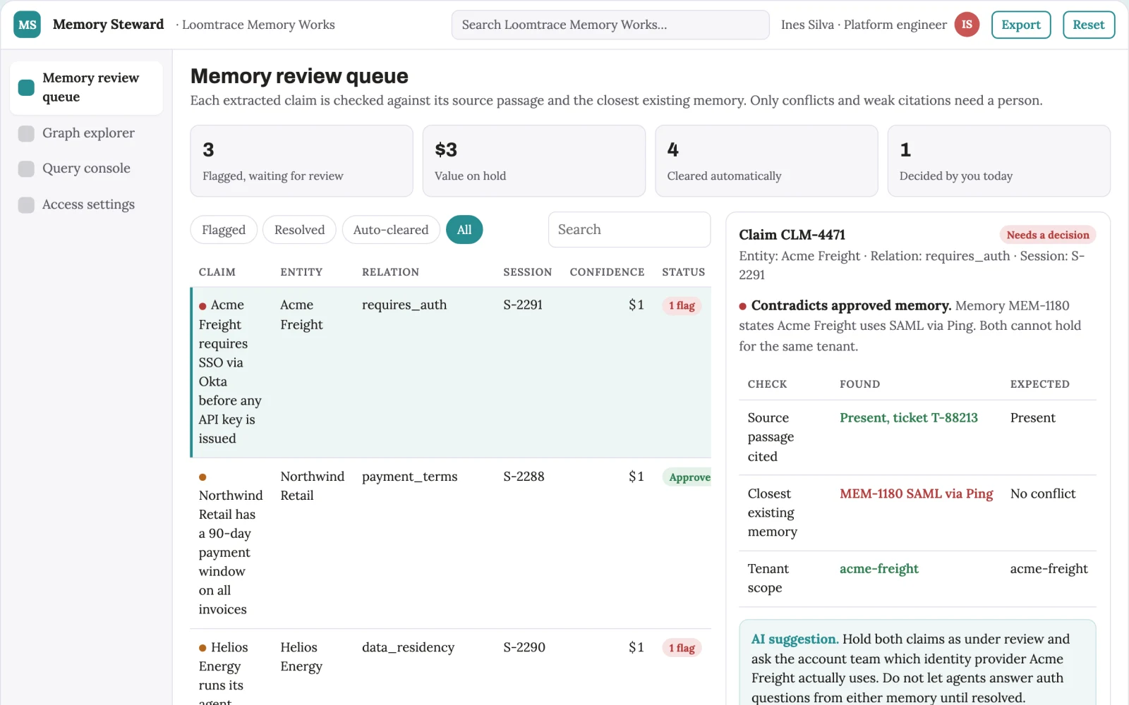 Screenshot of the Agent memory graph stewardship console interactive demo