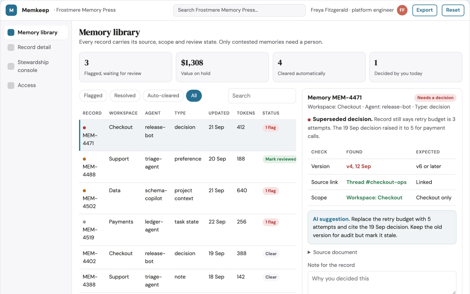 Screenshot of the Agent memory library and stewardship console interactive demo