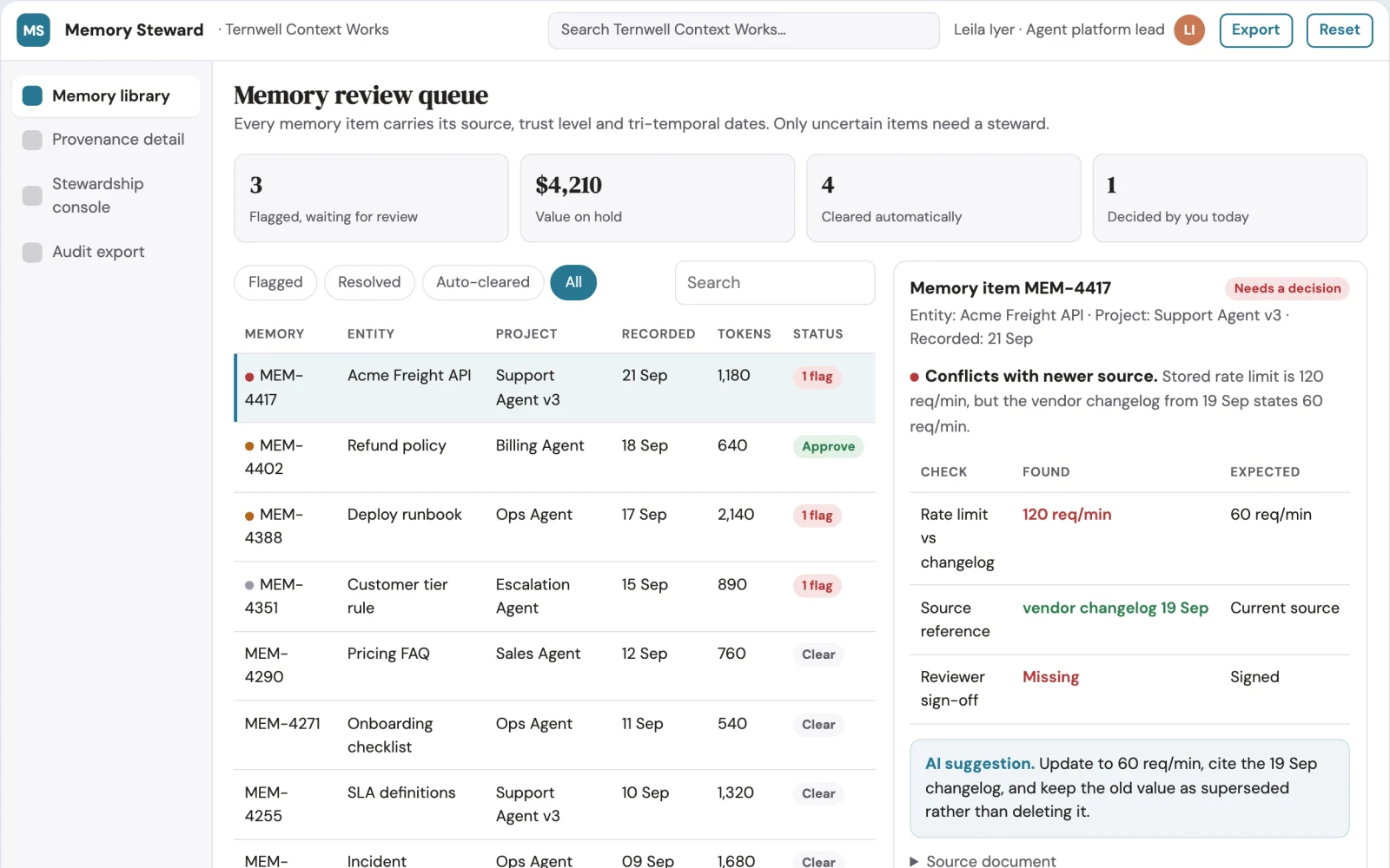 Screenshot of the Agent memory stewardship console interactive demo