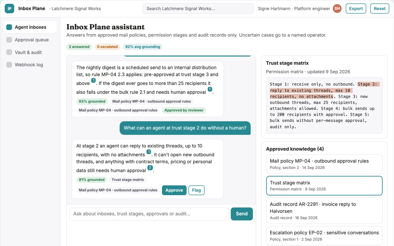 Screenshot of the Agent-owned email inbox control plane interactive demo