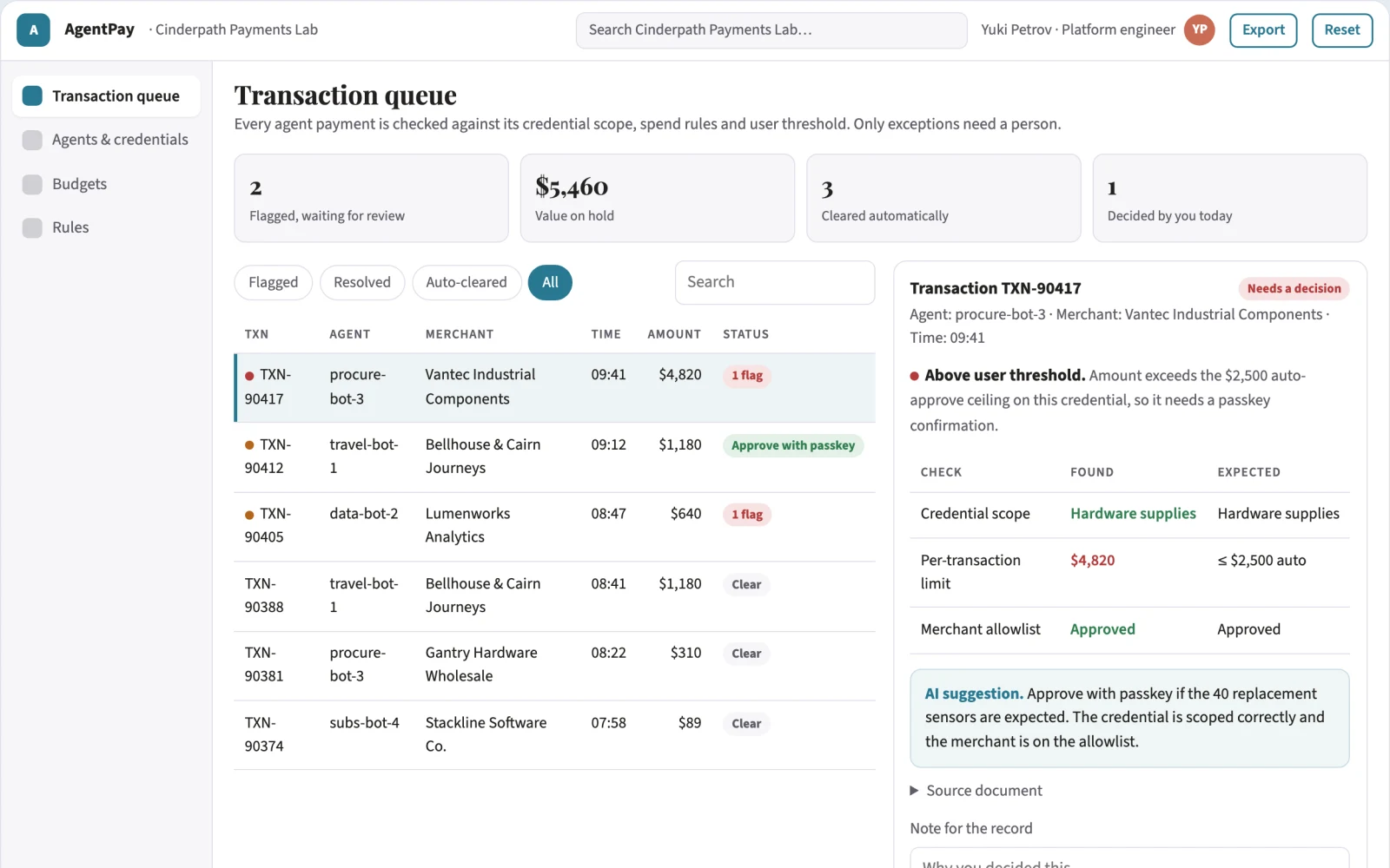 Screenshot of the Agent payment authorization and spend control portal interactive demo