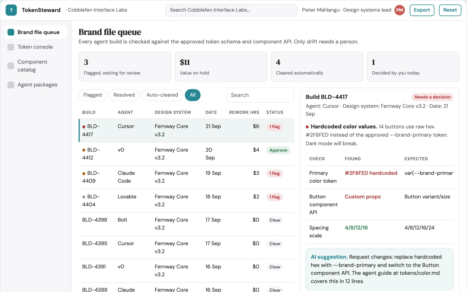 Screenshot of the Agent-readable design system library and brand stewardship console interactive demo
