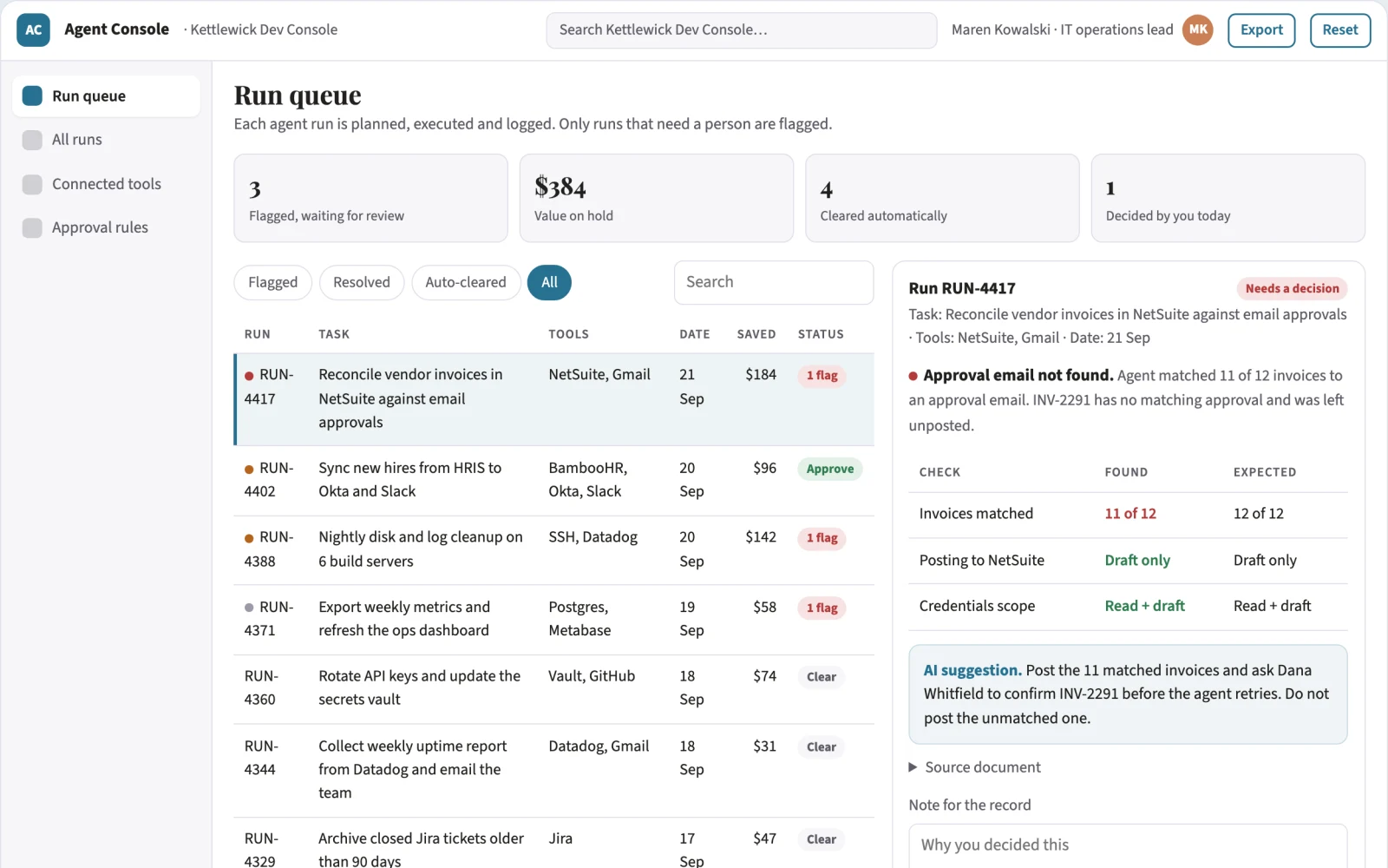 Screenshot of the Agent-run operations coordination portal interactive demo