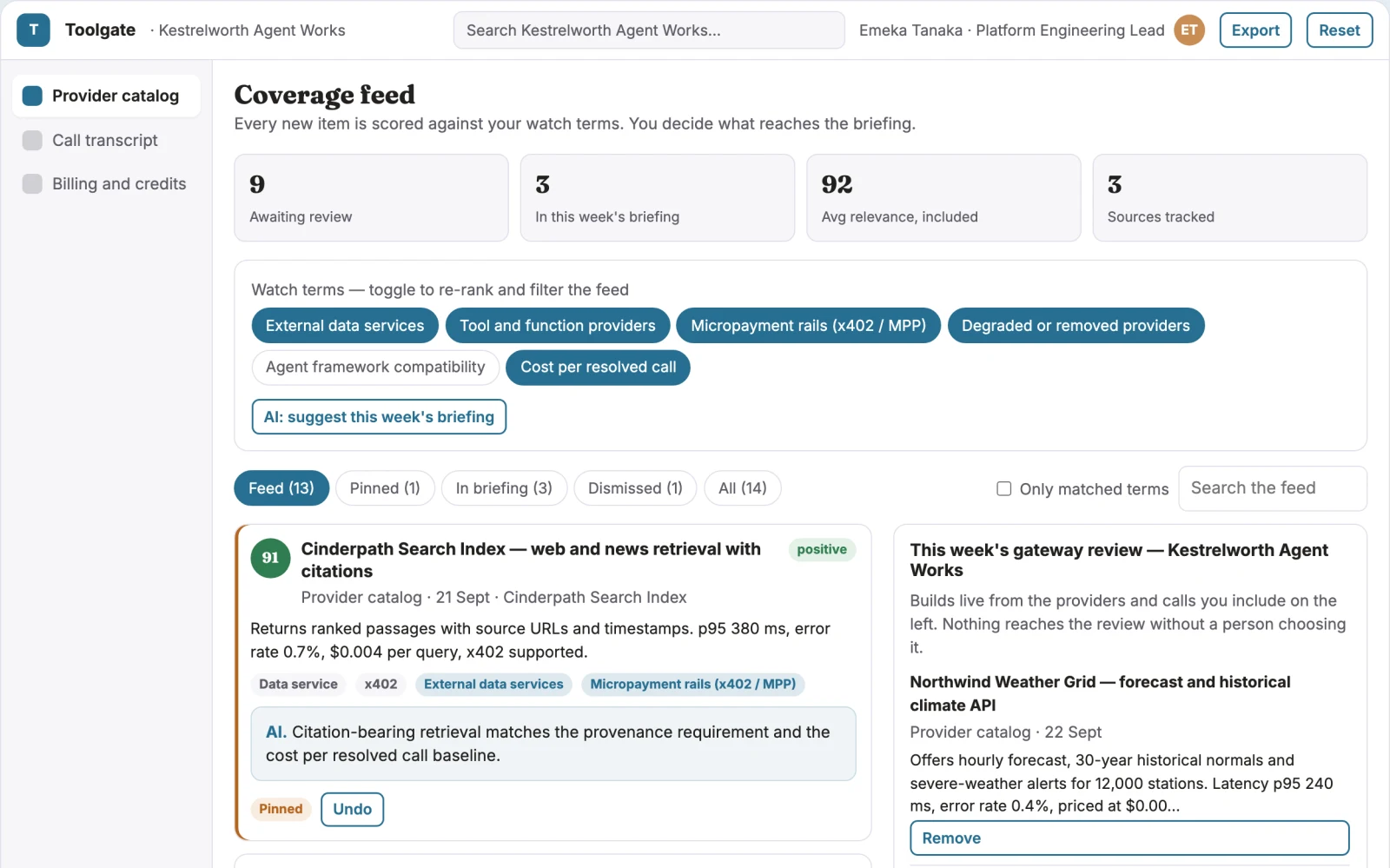 Screenshot of the Agent tool access and billing gateway interactive demo