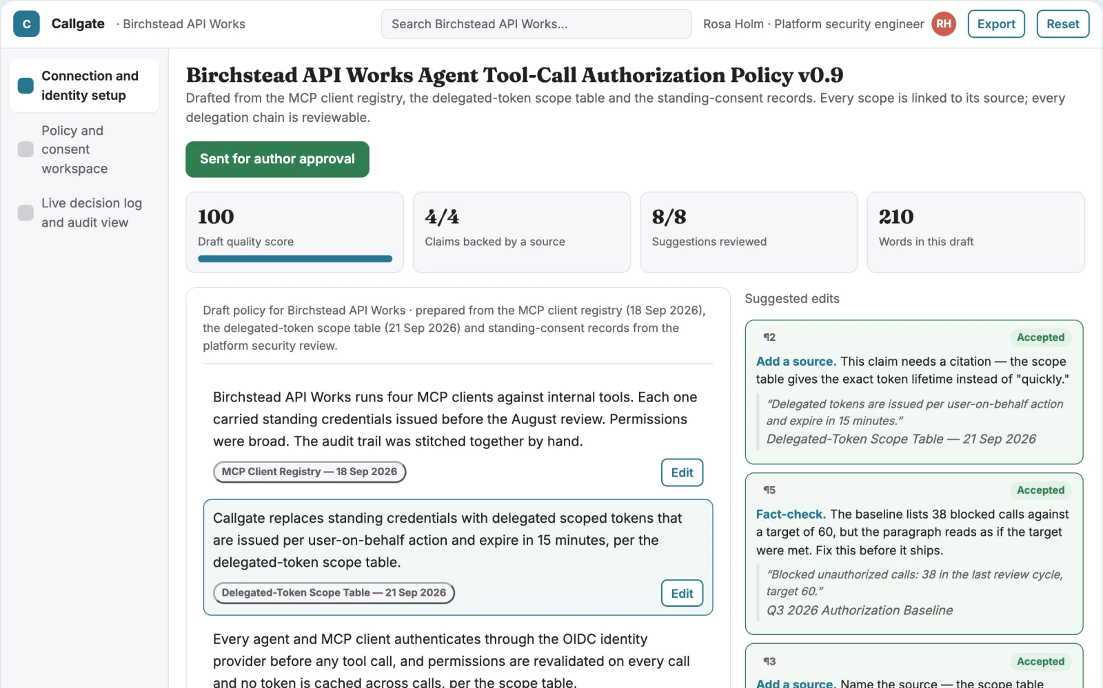 Screenshot of the Agent tool-call authorization and audit gateway interactive demo