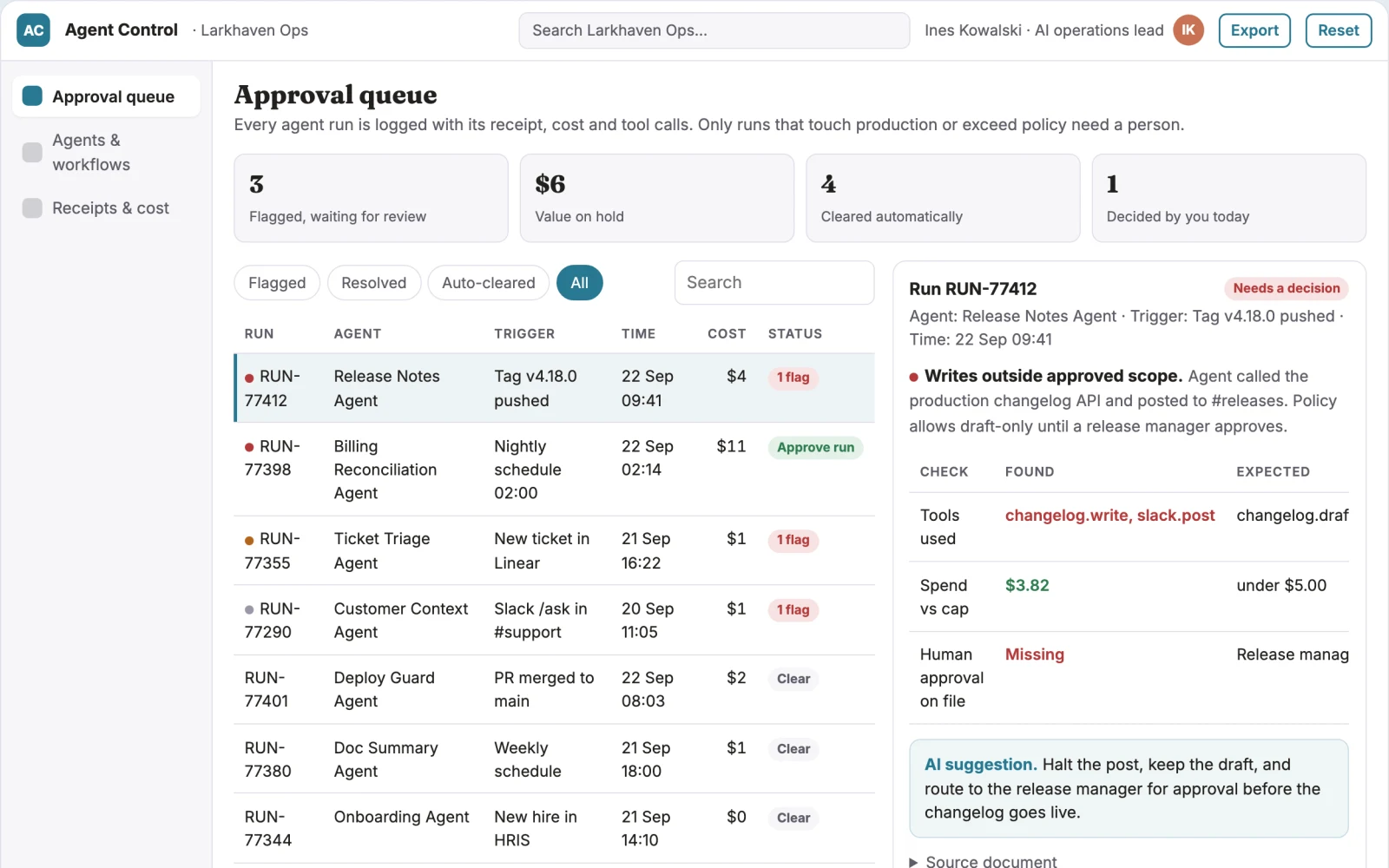 Screenshot of the Agent workflow operations control portal interactive demo