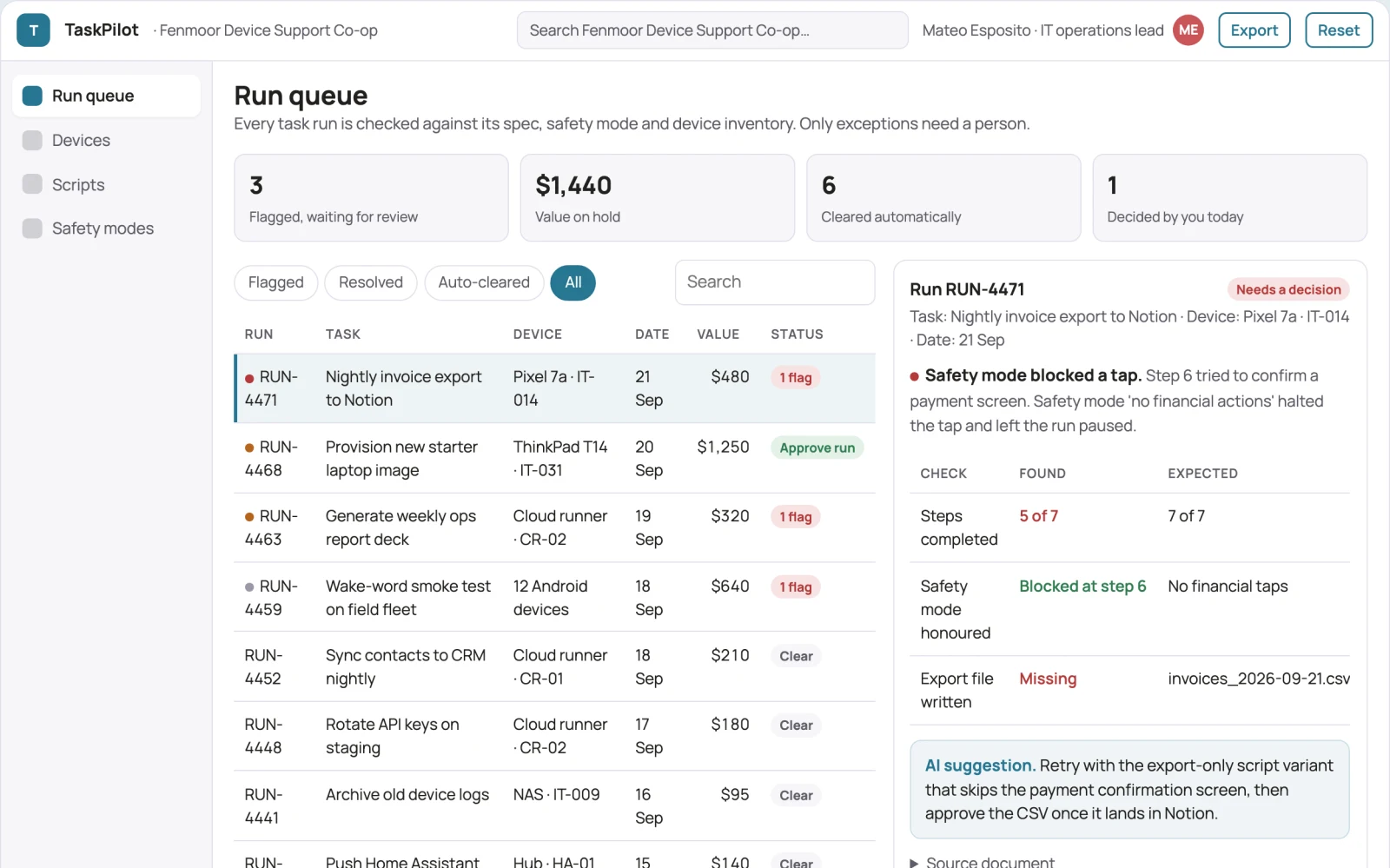 Screenshot of the Agentic task automation and device control portal interactive demo