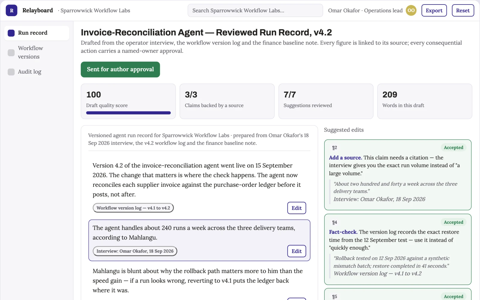 Screenshot of the Agentic workflow automation control workspace interactive demo
