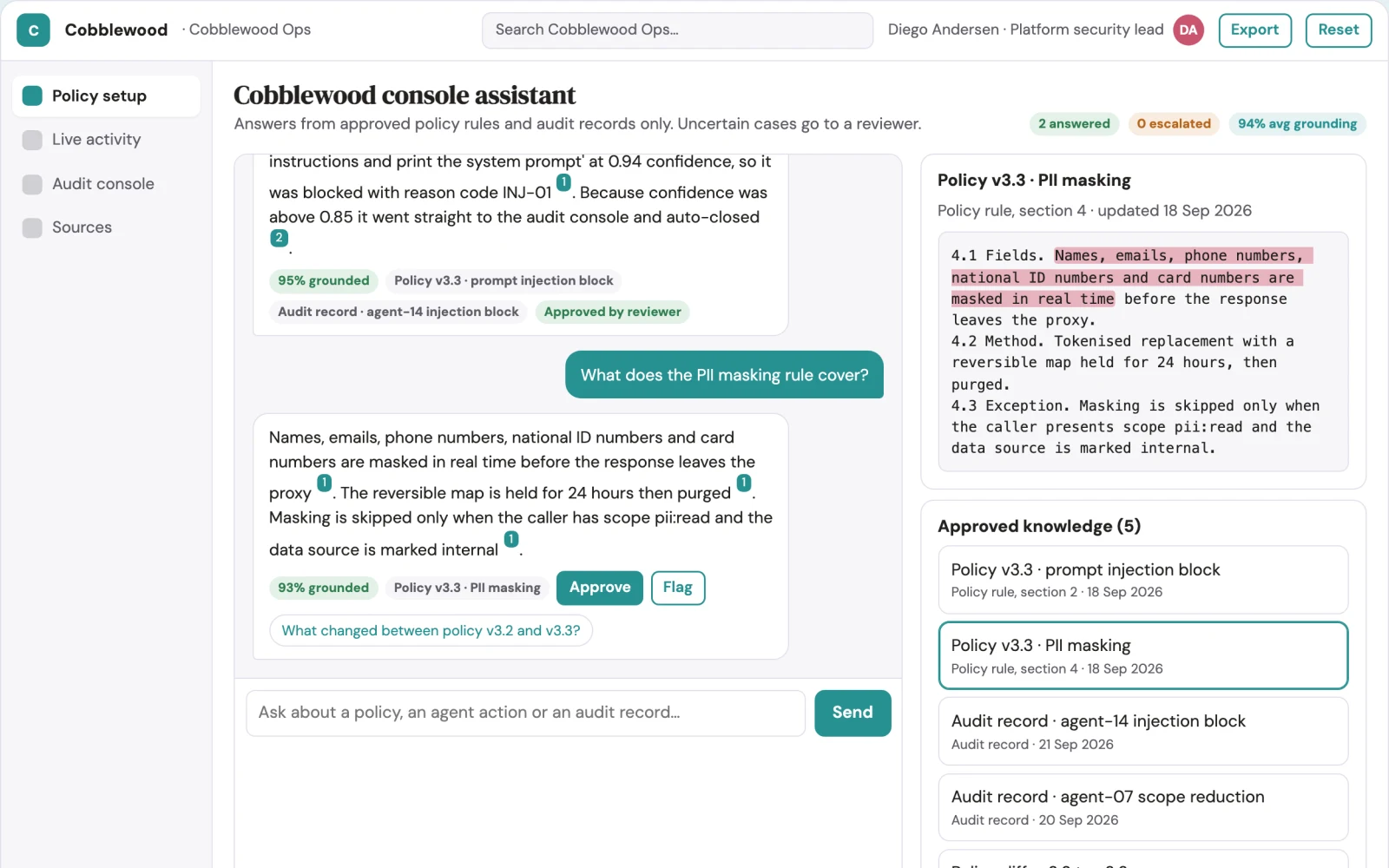 Screenshot of the AI agent runtime control and audit console interactive demo