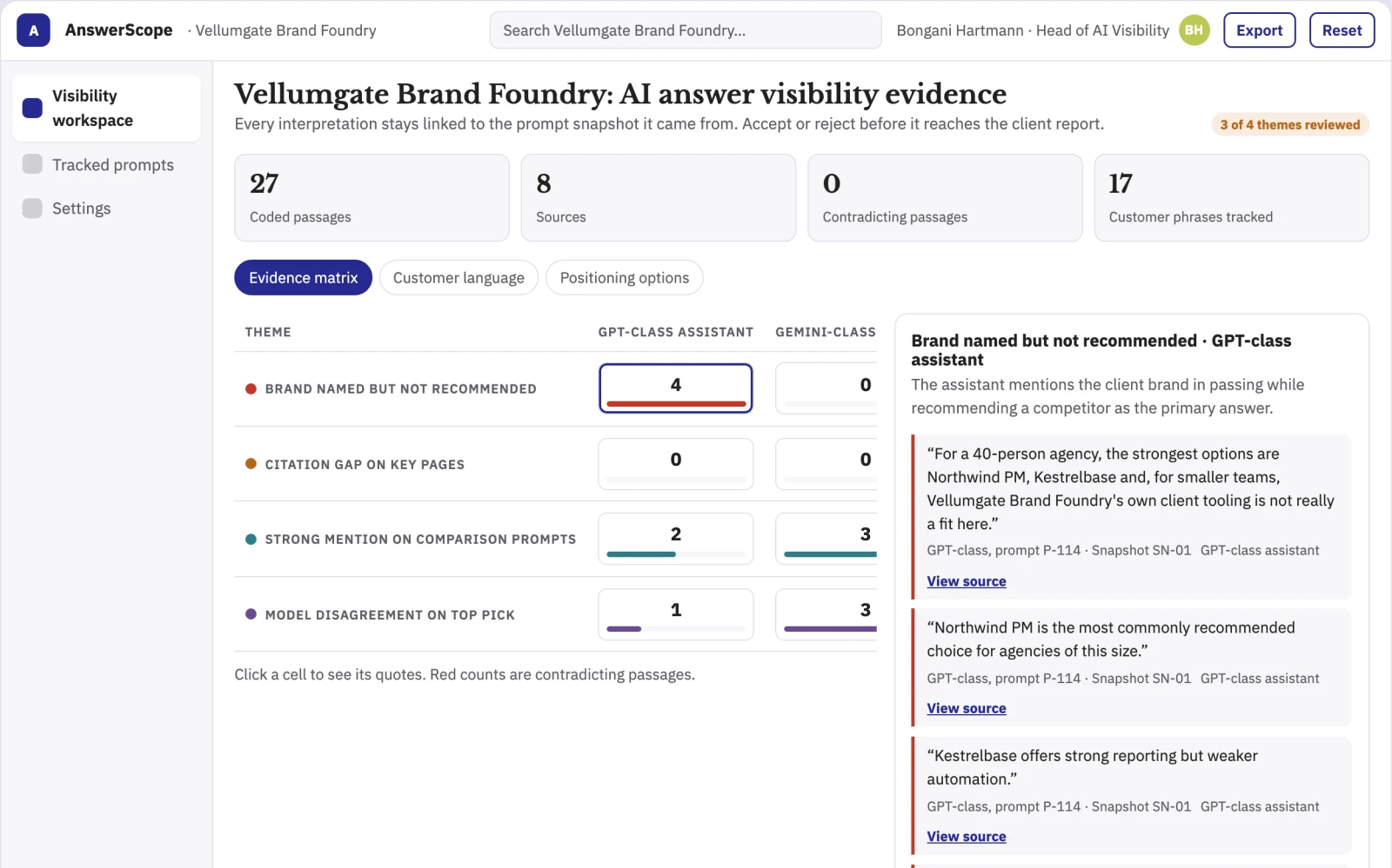 Screenshot of the AI answer visibility tracking workspace interactive demo