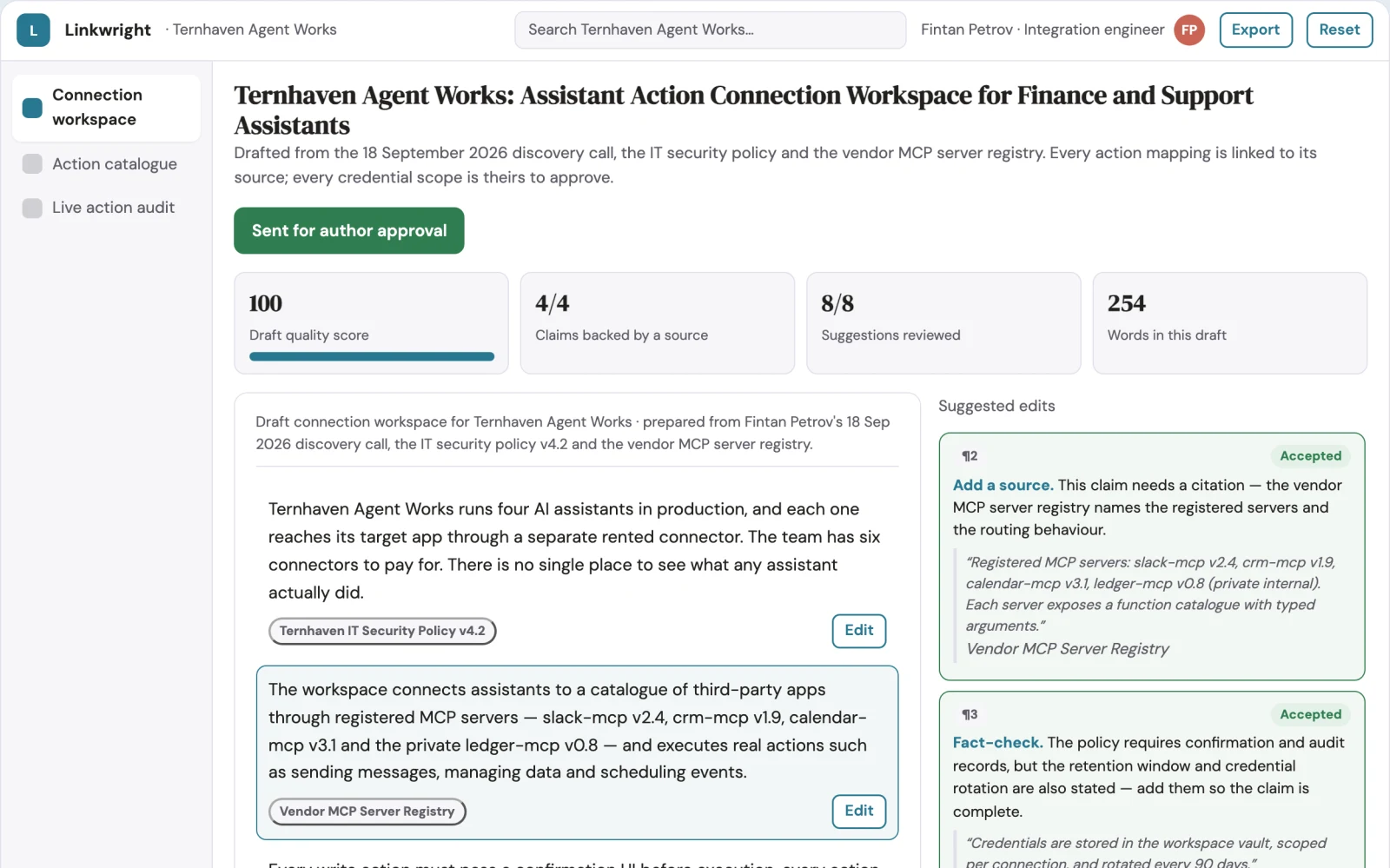 Screenshot of the AI assistant action connection workspace interactive demo