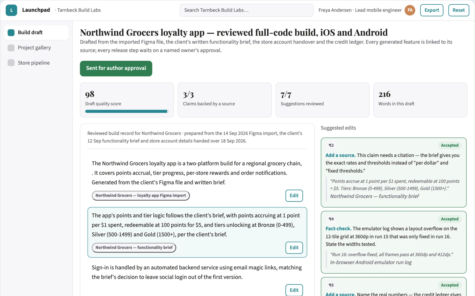 Screenshot of the AI-assisted mobile app build and publish workspace interactive demo