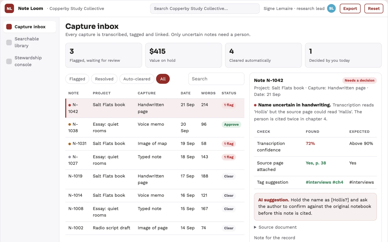 Screenshot of the AI-assisted note capture and retrieval library interactive demo