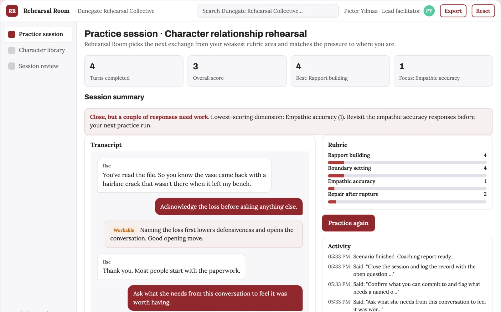 Screenshot of the AI character relationship practice studio interactive demo