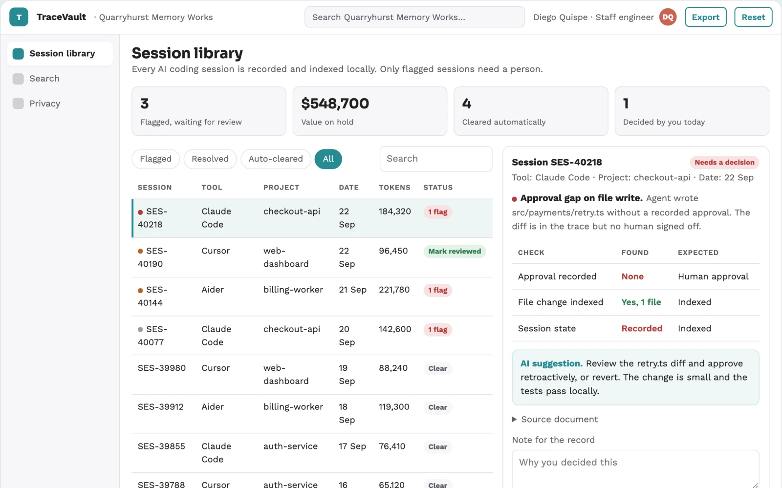 Screenshot of the AI coding session record and search console interactive demo