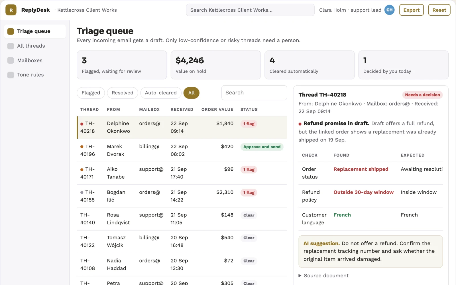 Screenshot of the AI email reply drafting and escalation desk interactive demo