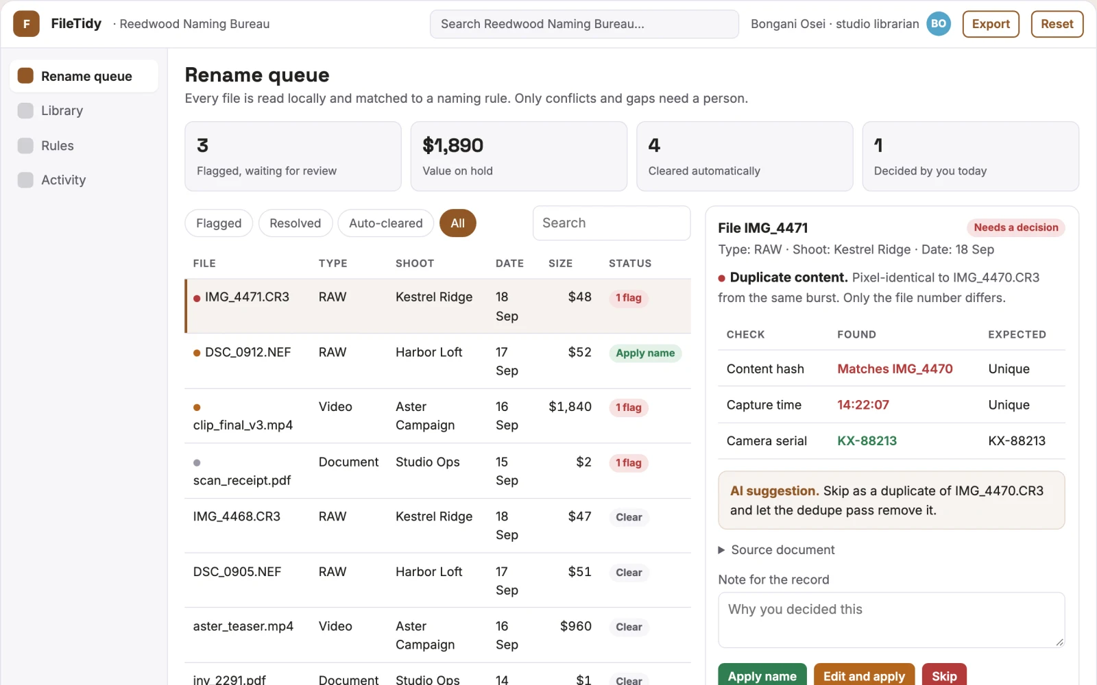 Screenshot of the AI file naming and folder organization console interactive demo